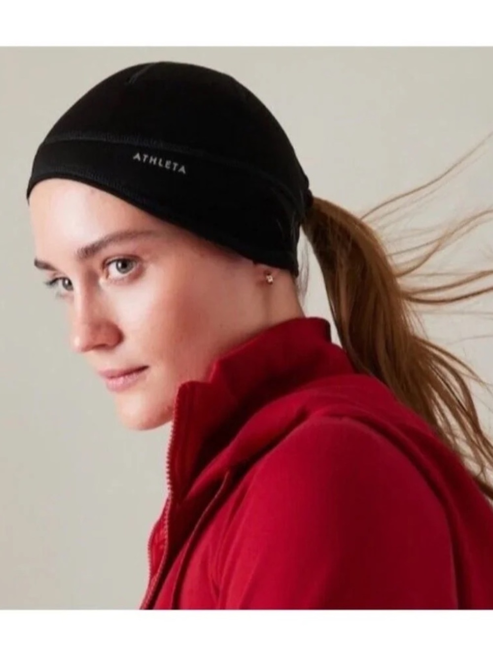 Athleta Women's Softshell Beanie Black Teal Ponytail Hat One Size Fits Most NWT